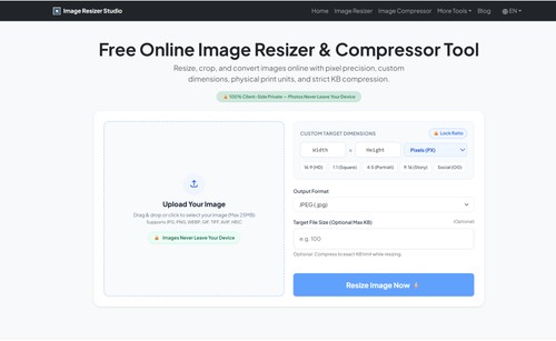 Main interface for the free online image resizer. Drag and drop photos to instantly compress, crop, and resize with zero server uploads.