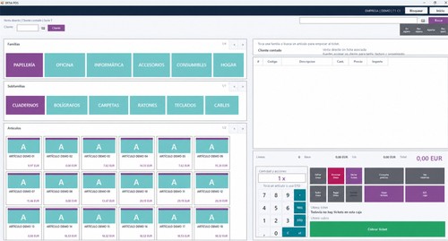 ERTIA ERP point of sale: product families, items, tickets and checkout in the demonstration environment.