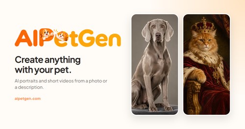 Official AIPetGen preview: portraits and short videos from a pet photo or a description.