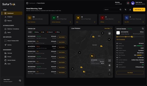 SafarTrak fleet interface preview with sample data. Available information depends on connected devices and configuration.