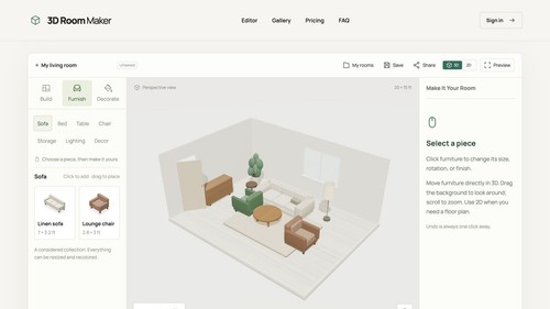 3D room editor with furniture layout and room controls.