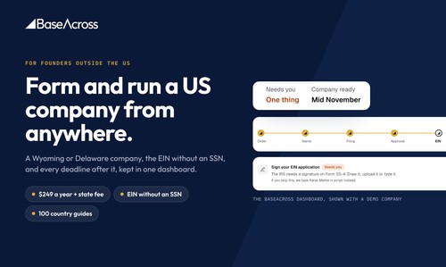 The BaseAcross dashboard: a demo company's formation progress and a request to sign its EIN application.