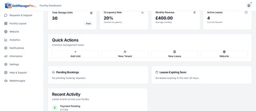 Unit Manager Pro dashboard for self-storage operations, tenants and rent payment tracking.