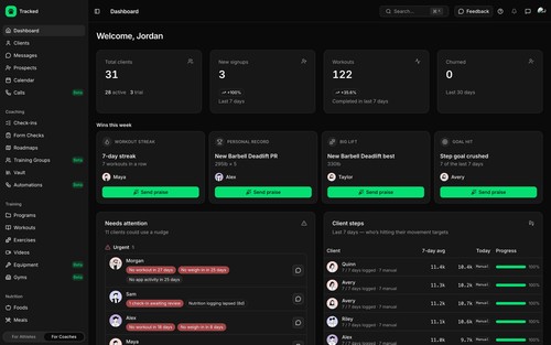 Coaching dashboard with client activity, progress highlights and check-in follow-up.