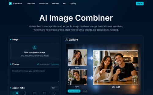 AI Image Combiner workspace: two uploaded photos merged side by side with blend mode, alignment and export controls.