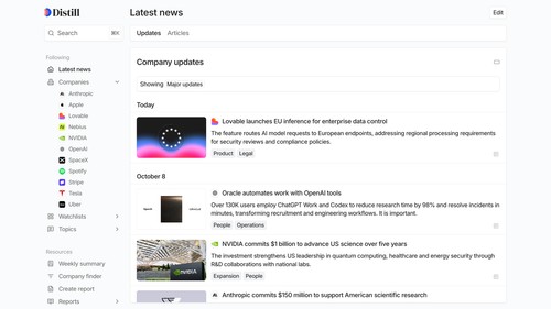 Company news feed with deduplicated, summarized stories