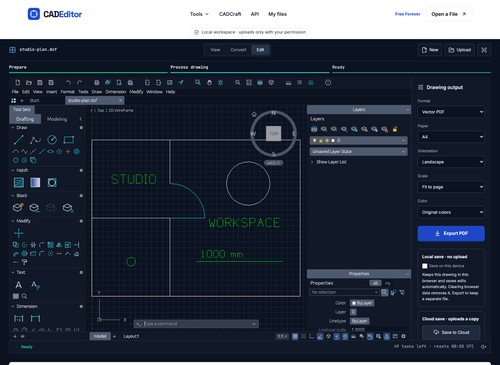 The browser CAD workspace with a 2D drawing, layers, drawing tools and vector PDF export settings.