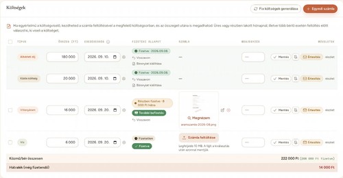 Monthly rent and utility statement with recorded payments and outstanding balances. Hungarian interface.