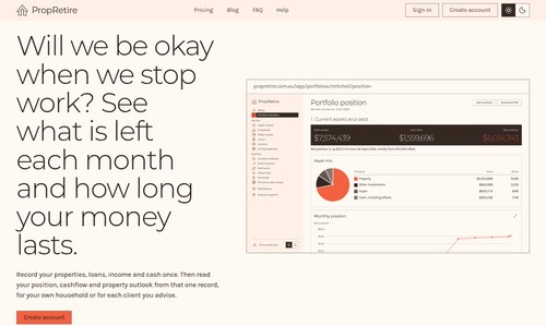 The home page, with a sample household's position, assets and debt.