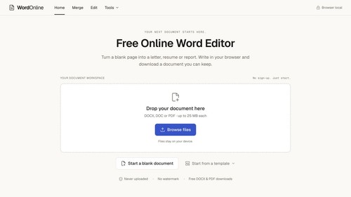 WordOnline homepage with document editing, import, templates and merge tools