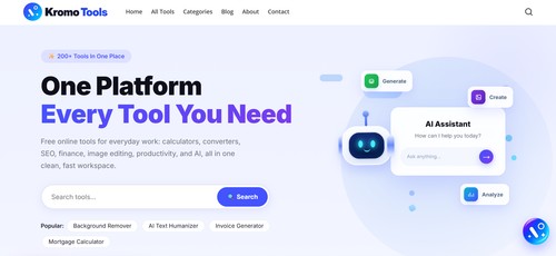 Kromo Tools homepage with search bar and popular tools such as Background Remover, AI Text Humanizer and Invoice Generator.