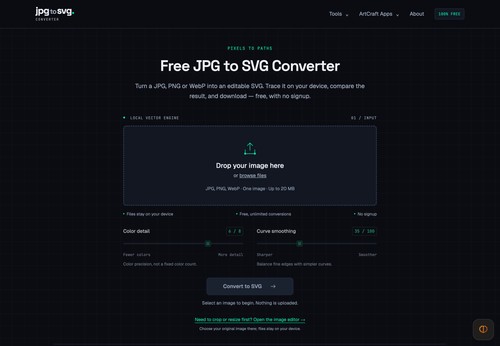 Free browser SVG tracing with color detail and smoothing controls.
