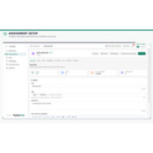TunnelQuiz Assessment Setup dashboard to configure test parameters, title, instructions, time limits, and passing criteria for online exams.
