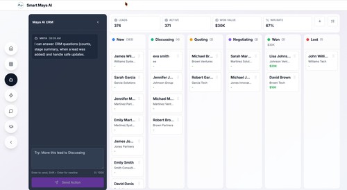 SmartMaya AI CRM workspace with an assistant-guided lead pipeline.