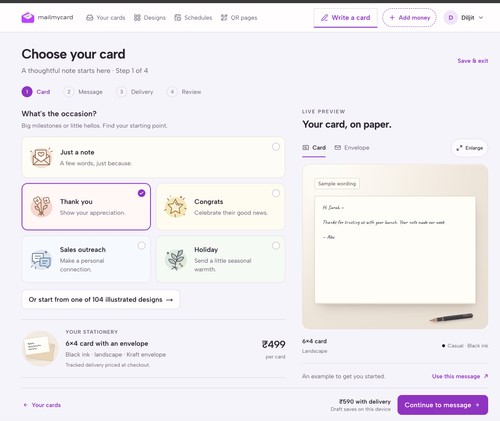 Senders pick an occasion — thank you, sales outreach, holiday, and more — and a live preview renders the handwritten card instantly.