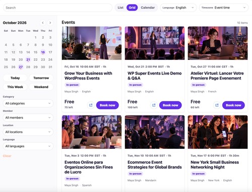 Public event grid with calendar, search, and filters