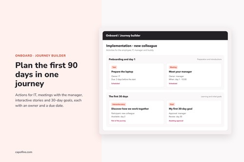 Build onboarding journeys step by step: tasks, content and timing for each new hire, from offer to first day and beyond.