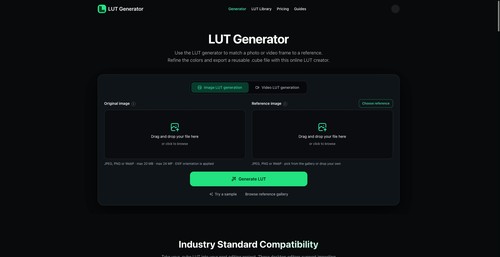 Actual LUT Generator homepage showing the source and reference image color matching workspace.