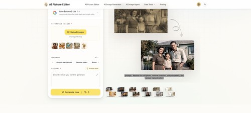 AI photo editing workspace with image upload, quick edits, text prompts, and before-and-after examples.