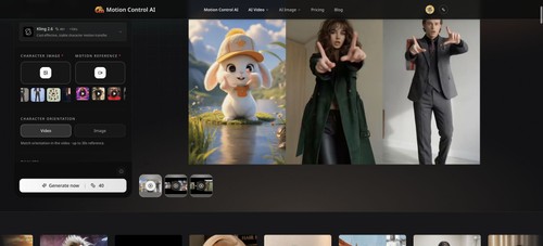 Motion transfer workspace with character image upload, reference video input, orientation controls, and demo video previews.