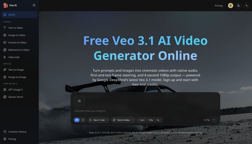 Voe Ai video creation workspace with text prompts, model selection, generation modes, and output settings.