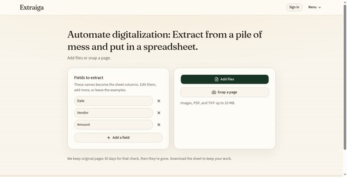 Extraiga homepage: name your fields, then add files or snap a page