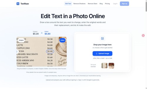 TextRaze homepage and image text editor: upload, select a text area, enter wording, then generate and compare the result.