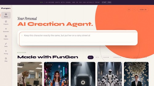 FunGen home: one prompt for images, video, voice and 3D