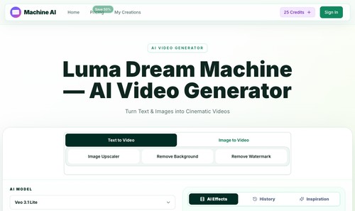 Luma Dream Machine - lumadreammachine.app browser interface with prompt and generation settings.