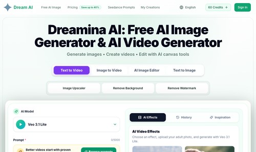 Dreamina AI - dreaminai.art browser interface with prompt and generation settings.