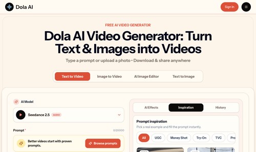 Dola AI Video browser interface with prompt and generation settings.