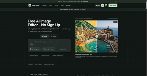Try AI Editor homepage - free AI image editor online, no sign up required