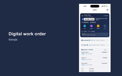Digital work order for an independent auto repair shop: vehicle, complaint, parts and labor on one record.