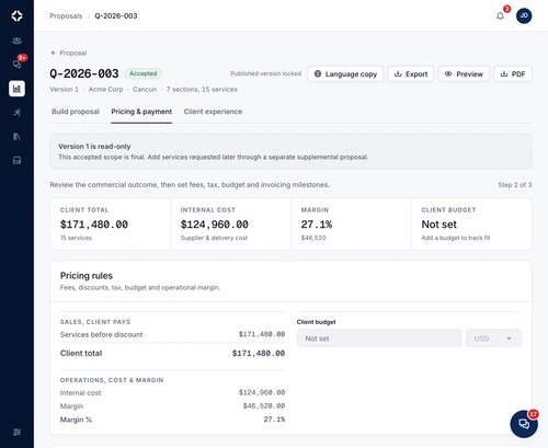 Proposal built from your own rates, with margin shown as you build
