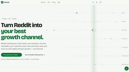 Karmit homepage: Reddit marketing toolkit for indie makers.