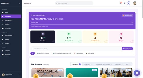 Learner dashboard with enrolments, completions, certificates, badges and learning streaks