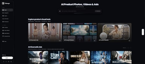 Glowya web interface for creating AI product photos, promotional posters and short video ads.