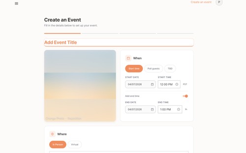 Creating an event: title, cover image, date and time, in person or virtual