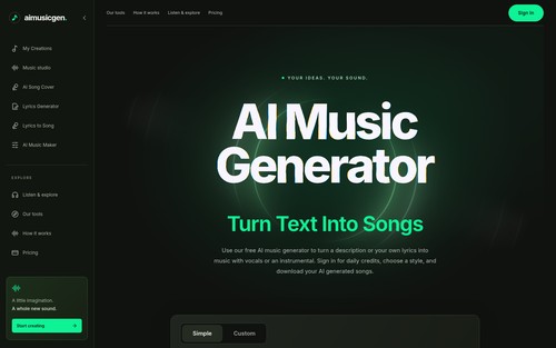 Aimusicgen homepage: turn text or lyrics into a song in the browser.