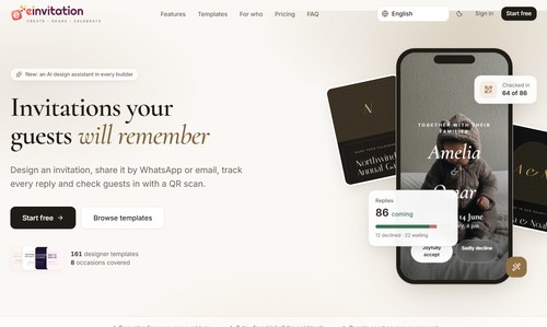 einvitation home page: design, share, track replies and check guests in.
