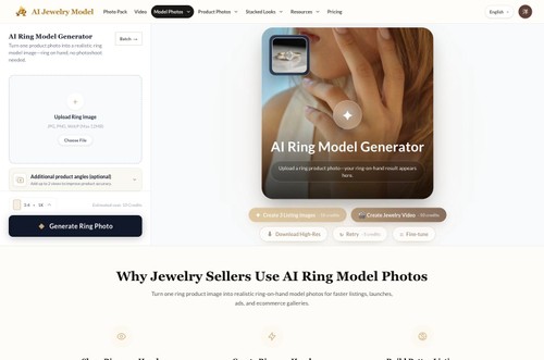 AI ring model generator interface with an empty upload area and a publicly displayed example preview.