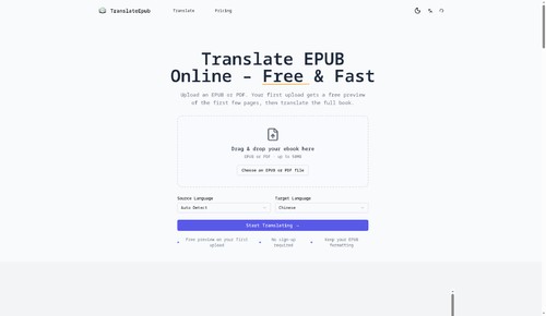 Translate EPUB homepage: upload an EPUB or PDF and translate the book online.