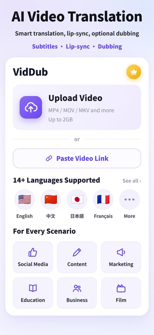 Translated burned-in subtitles and optional AI dubbing in the browser.
